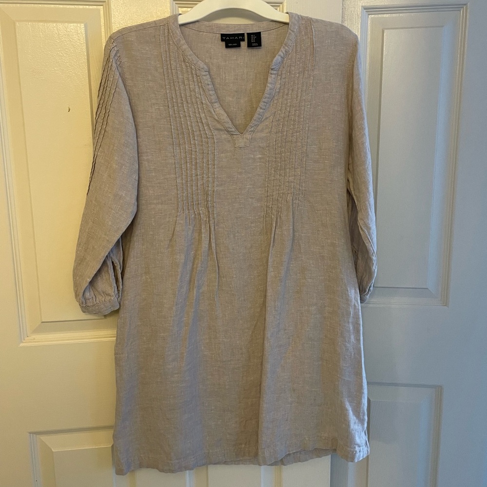 Tahari long sleeve tan linen dress Size S